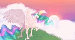 Size: 1201x650 | Tagged: safe, artist:softiesuns, imported from derpibooru, princess celestia, alicorn, pony, curved horn, eyes closed, facing away, female, glowing horn, hoof fluff, horn, large wings, leonine tail, long feather, mare, raised hoof, solo, sunrise, wings