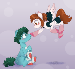 Size: 1200x1100 | Tagged: safe, artist:imaplatypus, imported from derpibooru, oc, earth pony, pegasus, pony, :t, abstract background, blushing, boop, crossover, cute, eye contact, female, flying, izuku midoriya, izuocha, looking at each other, male, mare, my hero academia, ocbetes, ochako uraraka, ponified, raised hoof, smiling, spread wings, stallion, uravity, wide eyes, wings