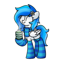 Size: 1240x1240 | Tagged: safe, artist:sugar morning, imported from derpibooru, oc, oc only, oc:winter white, pony, clothes, flower, flower in hair, green tea, raised hoof, scarf, simple background, smiling, socks, solo, striped socks, transparent background