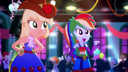 Size: 1280x720 | Tagged: safe, imported from derpibooru, screencap, applejack, rainbow dash, scribble dee, eqg summertime shorts, equestria girls, raise this roof, bare shoulders, belt, clothes, cowboy hat, cutie mark, cutie mark on clothes, duo, duo female, duo focus, fall formal outfits, female, hand on back, hand on hip, hands on hip, hat, open mouth, pointing, sleeveless, smiling, strapless