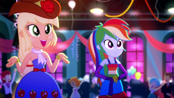 Size: 1280x720 | Tagged: safe, imported from derpibooru, screencap, applejack, nolan north, rainbow dash, scribble dee, eqg summertime shorts, equestria girls, raise this roof, bare shoulders, belt, clothes, cowboy hat, cute, cutie mark, cutie mark on clothes, dashabetes, duo, duo female, duo focus, fall formal outfits, female, hands behind back, hat, jackabetes, open mouth, sleeveless, smiling, strapless