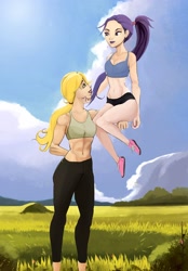 Size: 1890x2710 | Tagged: safe, artist:scarlet wayfarer, imported from derpibooru, applejack, rarity, human, equestria girls, abs, breasts, cleavage, clothes, digital art, duo, female, humanized, lesbian, ponytail, rarijack, shipping, sports bra, wholesome