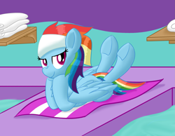 Size: 1907x1479 | Tagged: safe, artist:notadeliciouspotato, imported from derpibooru, rainbow dash, pegasus, pony, deep tissue memories, spoiler:deep tissue memories, bedroom eyes, female, hoof on chin, legs in air, looking at you, lying down, mare, prone, smiling, smiling at you, solo, spa pony rainbow dash, towel, underhoof, wings