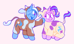 Size: 1280x768 | Tagged: safe, artist:anonymous, artist:ladybugsawake, imported from derpibooru, starlight glimmer, trixie, cow, pony, unicorn, animal costume, cheek squish, clothes, costume, cow costume, cow tail, disguise, female, kigurumi, lesbian, one eye closed, shipping, squishy cheeks, starlight glimmoo, startrix, trixie lulamoo