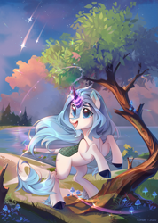Size: 2063x2895 | Tagged: safe, alternate version, artist:makaronder, imported from derpibooru, oc, oc only, kirin, kirin oc, magic, open mouth, rearing, scenery, shooting star, smiling, solo, tree