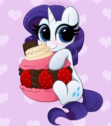 Size: 3611x4096 | Tagged: safe, artist:kittyrosie, imported from derpibooru, rarity, pony, unicorn, blushing, chocolate, cute, female, food, fruit, herbivore, macaron, mare, raribetes, smiling, solo, strawberry, sweet dreams fuel, weapons-grade cute, whipped cream