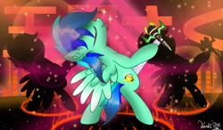 Size: 3000x1747 | Tagged: source needed, useless source url, safe, artist:jadebreeze115, imported from derpibooru, oc, oc only, oc:jade breeze, pegasus, pony, adorasexy, audio spectrum, base used, bipedal, blue eyes, blue hair, colored wings, cute, dance floor, dancing, ear fluff, ethereal mane, gradient wings, japanese, male, microphone, pegasus oc, sexy, shadow, smiling, solo, stallion, starry mane, wings