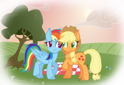 Size: 2176x1488 | Tagged: safe, artist:prismborealisdash, artist:taybarbases, imported from derpibooru, applejack, rainbow dash, earth pony, pegasus, pony, appledash, applejack's hat, base used, cloud, cowboy hat, duo, female, freckles, hat, lesbian, looking at each other, mare, picnic blanket, raised hoof, shipping, sky, tree