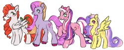 Size: 1202x492 | Tagged: safe, artist:polymercorgi, imported from derpibooru, dazzle surprise, muse (g2), paradise, sunny rays, earth pony, pony, unicorn, g1, g1 to g4, g2, g2 to g4, g3, g3 ro g4, g3 to g4, g4, generation leap, simple background, white background