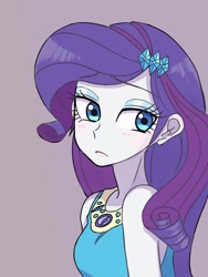 Size: 1620x2160 | Tagged: safe, artist:haibaratomoe, imported from derpibooru, rarity, equestria girls, :c, blushing, breasts, busty rarity, clothes, cutie mark, cutie mark on clothes, female, frown, geode of shielding, looking back, magical geodes, purple background, rarity peplum dress, simple background, solo