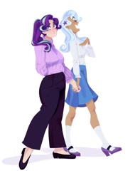 Size: 778x1024 | Tagged: safe, artist:viviana;ruyz, imported from derpibooru, starlight glimmer, trixie, human, blushing, clothes, dark skin, female, flats, holding hands, humanized, lesbian, light skin, mary janes, ponytail, shipping, shoes, skirt, socks, startrix, sweater, tan skin