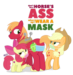 Size: 1200x1235 | Tagged: safe, artist:dm29, imported from derpibooru, apple bloom, applejack, big macintosh, earth pony, pony, apple siblings, apple sisters, brother and sister, butt, comments locked down, coronavirus, covid-19, duckery in the comments, face mask, female, filly, graveyard of comments, male, mare, mask, pandemic, plot, png, public service announcement, siblings, simple background, sisters, stallion, text, transparent background, trio, vulgar