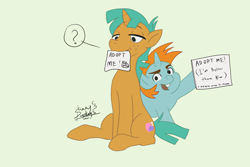 Size: 1772x1181 | Tagged: safe, artist:shacy's pagelings, artist:shacy'spagelings, imported from derpibooru, snails, snips, pony, unicorn, looking at you, male, mouth hold, question mark, sitting