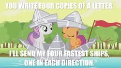 Size: 1600x900 | Tagged: safe, edit, edited screencap, imported from derpibooru, screencap, scootaloo, sweetie belle, pegasus, unicorn, ponyville confidential, caption, hat, image macro, meme, paper boat, paper hat, text, the princess bride, water