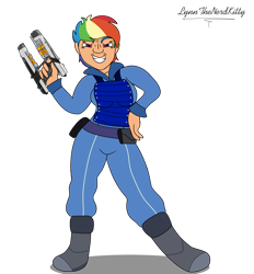 Size: 1280x1378 | Tagged: safe, artist:lynnthenerdkitty, imported from derpibooru, rainbow dash, human, clothes, crossover, grin, guardians of the galaxy, humanized, jumpsuit, smiling, weapon