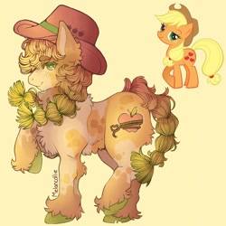 Size: 1440x1440 | Tagged: safe, artist:verymelancollie, imported from derpibooru, applejack, earth pony, pony, alternate cutie mark, eyebrows, eyebrows visible through hair, fluffy, hat, raised hoof, redesign, simple background, solo, stock vector, yellow background