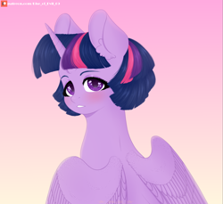 Size: 3500x3200 | Tagged: safe, artist:rise_of_evil_69, imported from derpibooru, twilight sparkle, alicorn, pony, unicorn, alternate hairstyle, bedroom eyes, blushing, bust, cute, female, females only, gradient background, heart eyes, looking at you, looking back, mare, patreon, patreon logo, portrait, rear view, short mane, solo, twiabetes, twilight sparkle (alicorn), wingding eyes, wings