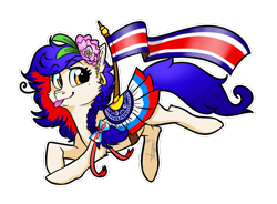 Size: 1280x943 | Tagged: safe, artist:lasserland, imported from derpibooru, oc, oc:panchita, pegasus, pony, beauty mark, bow, costa rica, ear piercing, earring, flag, flower, jewelry, nation ponies, piercing, ponified, saddle, tack, tongue out
