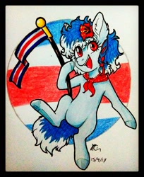 Size: 1280x1571 | Tagged: safe, artist:ariryuzaki, imported from derpibooru, oc, oc:panchita, earth pony, pony, bandana, costa rica, female, flag, flower, looking at you, nation ponies, open mouth, ponified, signature, traditional art