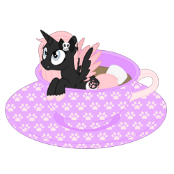 Size: 1700x1700 | Tagged: safe, artist:katelynleeann42, imported from derpibooru, oc, oc only, oc:midnight kitty, alicorn, bat pony, bat pony alicorn, pony, bat wings, cup, cup of pony, female, horn, mare, micro, simple background, solo, teacup, transparent background, unmoving plaid, wings