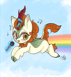 Size: 3000x3224 | Tagged: safe, artist:choyamy, imported from derpibooru, autumn blaze, kirin, sounds of silence, a kirin tale, awwtumn blaze, cute, female, flying, high res, microphone, music notes, rainbow, rainbow trail, singing, sky, solo