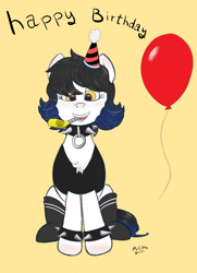 Size: 2500x3456 | Tagged: safe, artist:mrcelroy, imported from derpibooru, oc, oc only, oc:sindra, pony, balloon, clothes, collar, hat, party hat, party horn, socks, solo, spiked collar, spiked wristband, wristband