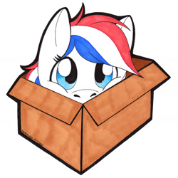 Size: 1757x1757 | Tagged: safe, artist:reskell492, imported from derpibooru, oc, oc only, oc:britannia (uk ponycon), pony, box, looking at you, mascot, pony in a box, simple background, solo, uk ponycon, white background