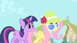 Size: 1280x720 | Tagged: safe, imported from derpibooru, screencap, fluttershy, twilight sparkle, pegasus, unicorn, green isn't your color, duo, female, hat, mare, sunglasses, unicorn twilight