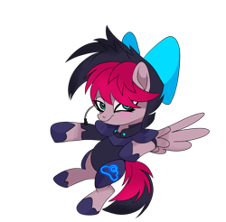 Size: 1386x1366 | Tagged: safe, artist:greensdc, imported from derpibooru, oc, oc only, oc:thunder sea, pegasus, pony, armor, bedroom eyes, blushing, bodysuit, bow, clothes, female, flying, hair bow, headset, hoof shoes, mare, raised hoof, simple background, solo, transparent background