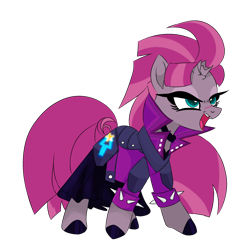 Size: 1386x1366 | Tagged: safe, artist:greensdc, imported from derpibooru, oc, oc only, oc:terara, pony, unicorn, armor, broken horn, choker, clothes, corset, female, horn, jacket, leather jacket, mare, open mouth, scar, simple background, skirt, solo, transparent background, unshorn fetlocks