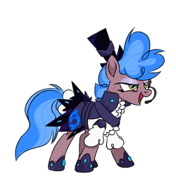 Size: 768x768 | Tagged: safe, artist:greensdc, imported from derpibooru, oc, oc only, oc:shadow sapphire, earth pony, pony, armor, clothes, dress, eyeshadow, female, hat, headset, hoof shoes, makeup, mare, open mouth, scar, shirt, simple background, skirt, solo, top hat, transparent background