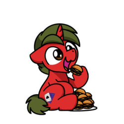 Size: 500x500 | Tagged: safe, artist:sugar morning, imported from derpibooru, part of a set, oc, oc only, oc:duskinito, pony, unicorn, animated, burger, cheeseburger, chibi, commission, cute, eating, food, frame by frame, gif, hamburger, male, meat, ponies eating meat, simple background, sitting, solo, stallion, sugar morning's snacc and drincc, transparent background, ych result