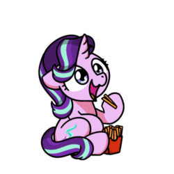 Size: 500x500 | Tagged: safe, artist:sugar morning, imported from derpibooru, part of a set, starlight glimmer, pony, unicorn, animated, chibi, cute, daaaaaaaaaaaw, eating, female, food, frame by frame, french fries, gif, glimmerbetes, herbivore, hoof hold, mare, nom, simple background, sitting, solo, sugar morning's snacc and drincc, this will end in weight gain, transparent background