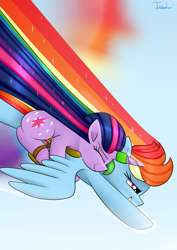 Size: 2480x3507 | Tagged: safe, artist:twidasher, imported from derpibooru, rainbow dash, twilight sparkle, pegasus, pony, unicorn, blue background, duo, eyes closed, fanfic art, female, flying, grin, horn, horn ring, jewelry, lesbian, magic suppression, ponies riding ponies, rainbow trail, riding, ring, saddle, shipping, signature, simple background, sky, smiling, sonic rainboom, tack, twidash, twilight riding rainbow dash, unicorn twilight