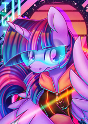 Size: 1600x2264 | Tagged: safe, artist:musicfirewind, artist:wavecipher, imported from derpibooru, twilight sparkle, alicorn, pony, clothes, crossover, cyberpunk, cyberpunk 2077, glasses, solo, twilight sparkle (alicorn)