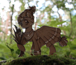 Size: 1024x874 | Tagged: safe, artist:themisto97, imported from derpibooru, meadowbrook, earth pony, pony, acrylic plastic, bangles, clothes, craft, dress, engraving, female, flower, forest, forest background, headband, jewelry, lasercut, mare, meadowcute, necklace, photo, smiling, solo, wood