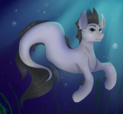 Size: 2164x2000 | Tagged: safe, artist:magicbalance, imported from derpibooru, oc, oc only, merpony, seapony (g4), bubble, crepuscular rays, fish tail, flowing tail, gray eyes, male, ocean, seaweed, smiling, solo, swimming, tail, underwater, water