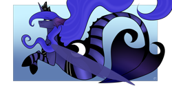 Size: 2952x1476 | Tagged: safe, artist:selcix, imported from derpibooru, princess luna, alicorn, merpony, pony, seapony (g4), blue background, blue eyes, crepuscular rays, crown, dorsal fin, female, fish tail, flowing mane, flowing tail, horn, jewelry, ocean, regalia, seaponified, seapony luna, simple background, smiling, solo, species swap, swimming, tail, transparent background, underwater, water