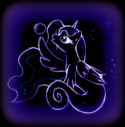 Size: 879x894 | Tagged: safe, artist:diuqil, imported from derpibooru, princess luna, alicorn, pony, sea pony, blue background, blue eyes, crown, dorsal fin, ethereal mane, eyelashes, female, fish tail, flowing mane, horn, jewelry, looking up, open mouth, regalia, seaponified, seapony luna, simple background, smiling, solo, sparkles, species swap, starry mane, tail, underwater, water, wings