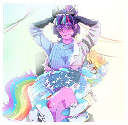 Size: 2010x1980 | Tagged: safe, artist:aaa-its-spook, imported from derpibooru, rainbow dash, twilight sparkle, pegasus, pony, equestria girls, abstract background, alternate design, alternate hairstyle, arm behind head, behaving like a cat, blaze (coat marking), breasts, chest fluff, clipboard, clothes, coat markings, cute, cutie mark, cutie mark on equestria girl, cutie mark on human, dashabetes, ear fluff, facial markings, female, fluffy, glasses, gloves, goggles, hoof fluff, lab coat, latex, latex gloves, lesbian, looking at each other, mare, neck fluff, pencil, round glasses, shipping, sitting, sitting on lap, sweater, turtleneck, twidash, wing fluff, wings