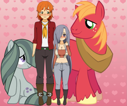 Size: 863x720 | Tagged: safe, artist:roseprincessmitia, imported from derpibooru, big macintosh, marble pie, earth pony, human, pony, ascot, belt, blushing, breasts, busty marble pie, cleavage, cowboy boots, female, freckles, hair over one eye, heart, height difference, humanized, kisekae, male, marblemac, midriff, rubber boots, shipping, shoes, straight