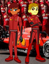 Size: 1255x1653 | Tagged: safe, artist:gmaplay, imported from derpibooru, human, equestria girls, car, carlos sainz, charles leclerc, crossed arms, equestria girls-ified, ferrari, formula 1, motorsport, racecar, racer, racing suit