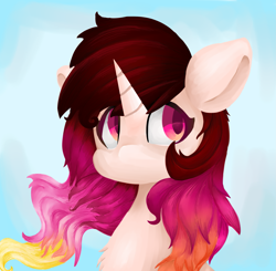 Size: 2579x2531 | Tagged: safe, artist:skyblazeart, imported from derpibooru, oc, oc only, oc:skyblaze, alicorn, pony, alicorn oc, blue background, bust, digital art, female, females only, gradient mane, hair, horn, mane, simple background, solo, wings