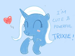 Size: 1280x960 | Tagged: safe, artist:foxy1219, imported from derpibooru, trixie, pony, unicorn, blue background, blushing, bust, cute, diatrixes, eyes closed, female, floppy ears, great and powerful, heart, mare, simple background, smiling, solo