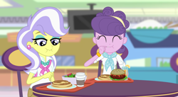 Size: 1550x850 | Tagged: safe, alternate version, artist:lightning_musicwave, imported from derpibooru, suri polomare, upper crust, equestria girls, bracelet, burger, canterlot mall, clothes, coffee, cute, ear piercing, earring, eating, eyes closed, food, fork, jewelry, juice, necklace, pancakes, piercing, salad, suribetes