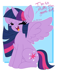 Size: 1280x1595 | Tagged: safe, artist:ladylullabystar, imported from derpibooru, twilight sparkle, alicorn, pony, chest fluff, dialogue, eyes closed, female, fluffy, mare, open mouth, sitting, solo, spread wings, twilight sparkle (alicorn), wings