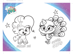 Size: 3875x2847 | Tagged: safe, imported from derpibooru, part of a set, pinkie pie, earth pony, pony, my little pony: pony life, spoiler:pony life s02, spoiler:pony life s02e12, activity sheet, back to the present, coloring page, duo, g4.5, my little pony logo, official, pony life, sugar snap, wild siders