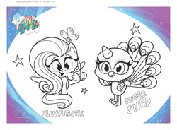 Size: 3875x2847 | Tagged: safe, imported from derpibooru, part of a set, fluttershy, pegasus, pony, my little pony: pony life, spoiler:pony life s02, spoiler:pony life s02e12, activity sheet, back to the present, coloring page, duo, g4.5, my little pony logo, official, pony life, sugar snap, wild siders