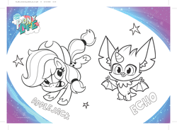 Size: 3875x2847 | Tagged: safe, imported from derpibooru, part of a set, applejack, earth pony, pony, my little pony: pony life, spoiler:pony life s02, spoiler:pony life s02e12, activity sheet, back to the present, coloring page, echo, echo (g4.5), echo (pony life), g4.5, my little pony logo, official, pony life, wild siders