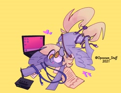 Size: 1408x1080 | Tagged: safe, artist:opossum-stuff, imported from derpibooru, derpy hooves, pegasus, pony, cable, computer, derp, ethernet, laptop computer, modem, router, solo, spread wings, tangled up, tongue out, wings